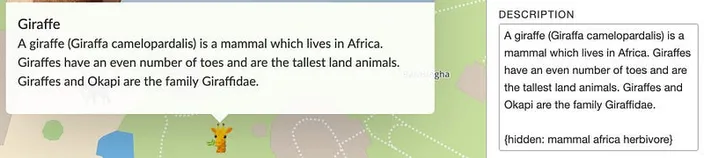 A screenshot demonstrating the {hidden: } tag, showing a map popup with a giraffe’s description that excludes the hidden text, alongside the full description which includes it.