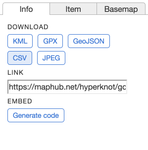 A MapHub panel screenshot highlighting the CSV export option, showing download buttons for various map data formats including KML, GPX, GeoJSON, CSV, and JPEG.