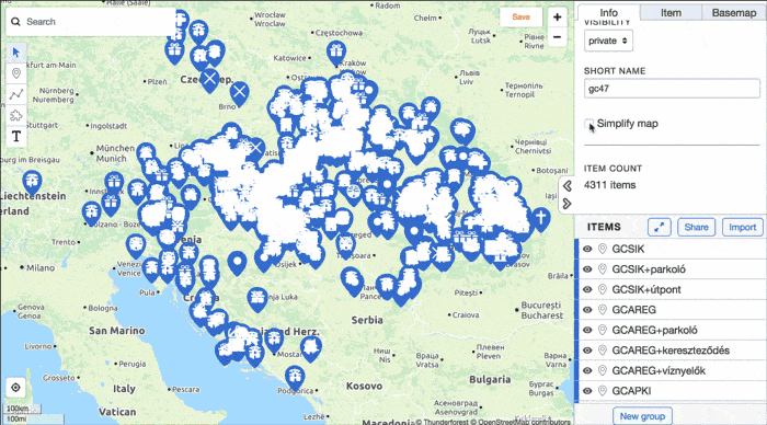 A GIF demonstrating the 'Simplify map' feature on an interactive map of Europe with thousands of markers. It shows how markers condense into simpler dots when zoomed out and reveal full detail when zoomed in, improving readability for dense maps.