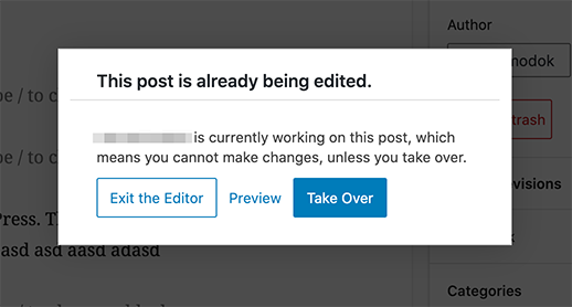 A WordPress warning pop-up reads 'This post is already being edited,' indicating that real-time simultaneous editing is not possible.