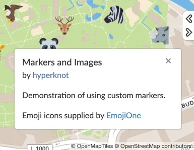 A MapHub map showcasing the new Info widget, which displays the map's title and description in a pop-up box over a map with custom animal emoji markers. important map information like a title and description directly on the map.