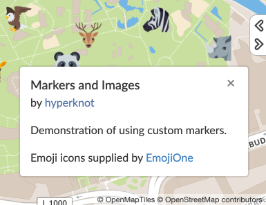 A MapHub map showcasing the new Info widget, which displays the map's title and description in a pop-up box over a map with custom animal emoji markers. important map information like a title and description directly on the map.