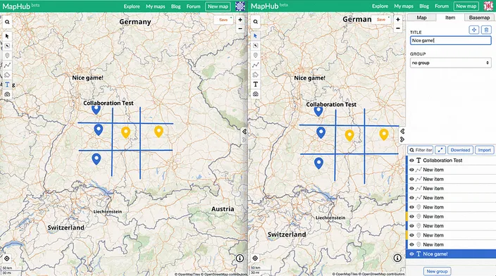A split-screen view of MapHub showing real-time collaborative editing. Two users are playing tic-tac-toe on a shared map of Europe, with one user having typed ‘Nice game!’ on their side.