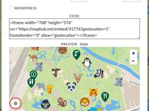 A screenshot of the 'Embed Map on Website' settings in MapHub, showing the 'Geolocation' option enabled. This adds a user location button to the map preview for embedded websites. directly on your embedded map, enhancing the interactive experience on your website.