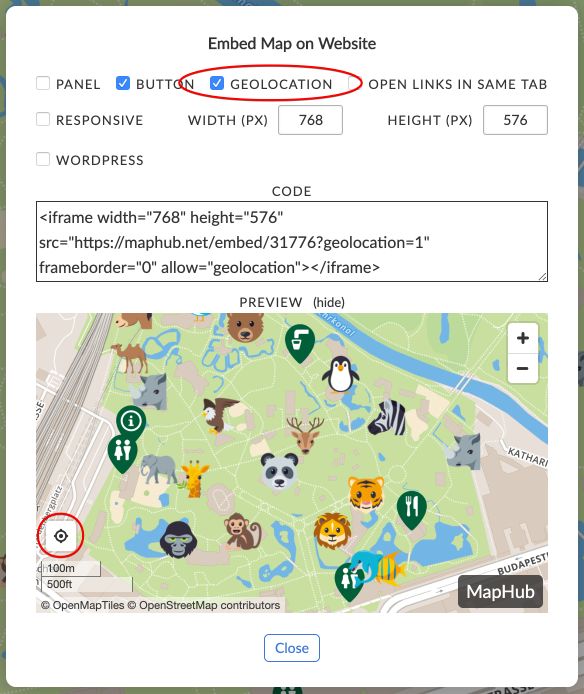 A screenshot of the 'Embed Map on Website' settings in MapHub, showing the 'Geolocation' option enabled. This adds a user location button to the map preview for embedded websites. directly on your embedded map, enhancing the interactive experience on your website.