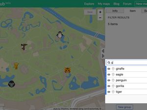 A MapHub interactive map of a zoo, demonstrating the real-time filter tool in an embedded panel. The map shows various animal icons, and the sidebar panel has 'g' typed into a search bar above a list of items including 'giraffe' and 'gorilla'. directly within your interactive MapHub map.