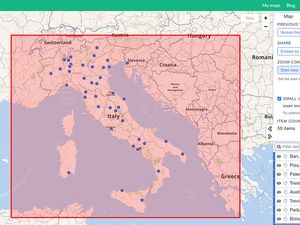 A screenshot of the MapHub interface showing a map centered on Italy with multiple location pins. A red bounding box highlights the region, demonstrating how to set a custom 'Start view' using the zoom controls in the editor sidebar. visitors see the most important area of the map first.