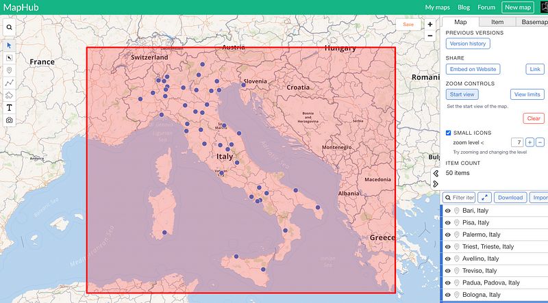 A screenshot of the MapHub interface showing a map centered on Italy with multiple location pins. A red bounding box highlights the region, demonstrating how to set a custom 'Start view' using the zoom controls in the editor sidebar. visitors see the most important area of the map first.