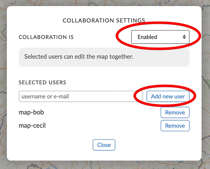 The MapHub &#x27;Collaboration Settings&#x27; dialog with &#x27;Collaboration is Enabled&#x27; and &#x27;Add new user&#x27; button highlighted, showing map-bob and map-cecil added as collaborators.