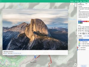 Screenshot of the MapHub user interface demonstrating the new image upload feature. A high-resolution photo of Half Dome is shown attached to its location on a topographic map of Yosemite. photos to add rich, visual context to your custom maps.
