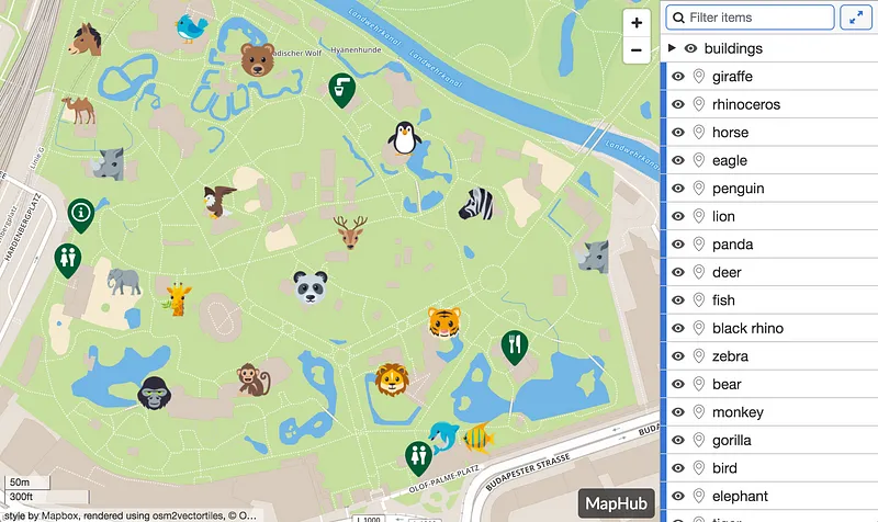 A MapHub embed showing a detailed map of a zoo with animal icons, alongside a collapsible side panel that lists items and allows real-time filtering.