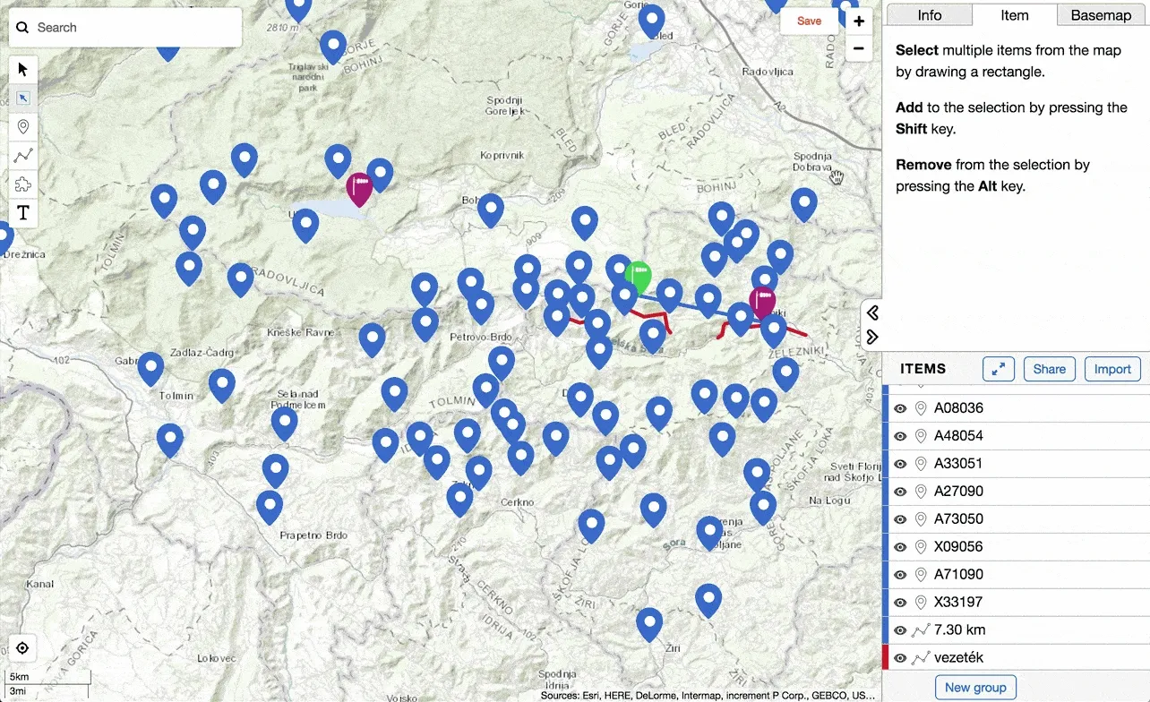 A GIF illustrating how to refine a map selection using the Shift and Alt keys. The user adds or removes individual items from an existing multi-selection on the map.