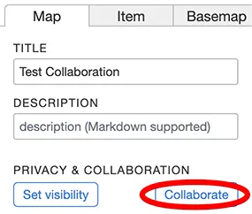 A screenshot of the MapHub interface, highlighting the &#x27;Collaborate&#x27; button within the map&#x27;s privacy and collaboration settings.
