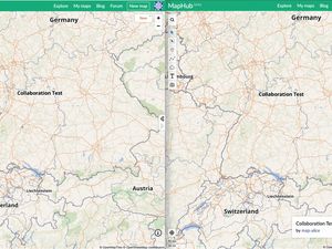 A split-screen showing real-time collaborative editing on MapHub, with two users' views of the same shared map of Europe displayed side-by-side. as multiple users edit a shared map at the same time.'