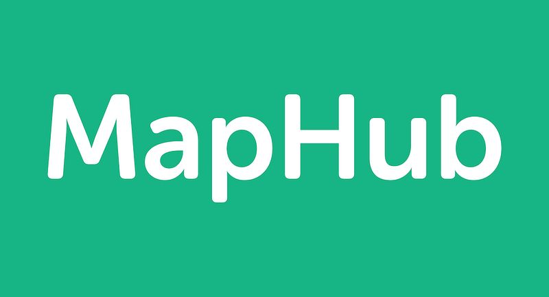 The official logo for MapHub, featuring the name in white, rounded lettering on a solid teal green background for the platform's beta launch. embed interactive maps.'