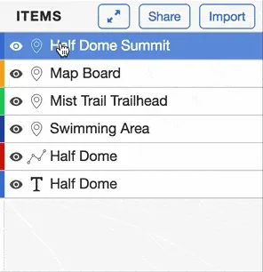 A GIF showing a user dragging and dropping an item (&#x27;Half Dome Summit&#x27;) from the top of an item list to a lower position, effectively reordering the list.
