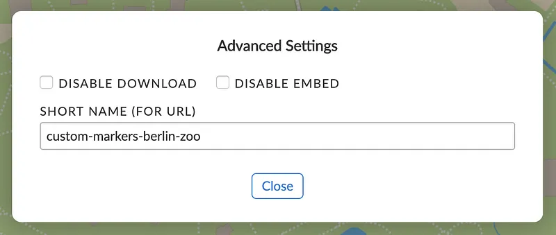 A screenshot of the MapHub &#x27;Advanced Settings&#x27; dialog, showing checkboxes to disable map download and embedding, and a field for the map&#x27;s short URL name.
