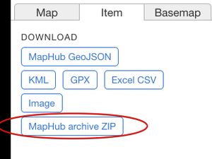 A screenshot of the MapHub download menu, with a red circle highlighting the 'MapHub archive ZIP' button to show users where to click to back up their map. of your map, including all data, images, and markers.