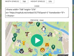 A screenshot of the MapHub 'Embed Map on Website' wizard, showing options for an HD embed and an Embed Panel, the iframe code, and a preview of a zoo map with a large play button. for HD embeds with an interactive panel.