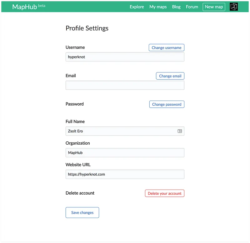 Screenshot of the MapHub "Profile Settings" page, featuring input fields for updating username, email, password, and personal details, along with an option to delete the account.