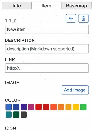 An animated GIF of the MapHub interface, illustrating the steps to add custom icons by clicking the &#x27;Add Icon&#x27; button and uploading a file.