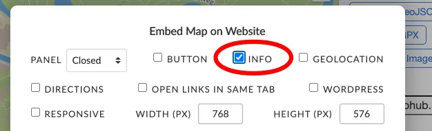 A screenshot of MapHub&#x27;s &#x27;Embed Map on Website&#x27; wizard, with the &#x27;INFO&#x27; checkbox highlighted within a red circle, showing where the Info widget can be toggled.