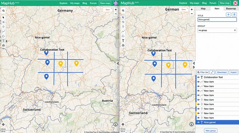 A split-screen view of MapHub showing real-time collaborative editing. Two users are playing tic-tac-toe on a shared map of Europe, with one user having typed &#x27;Nice game!&#x27; on their side.