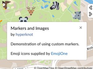 A MapHub map showcasing the new Info widget, which displays the map's title and description in a pop-up box over a map with custom animal emoji markers. important map information like a title and description directly on the map.