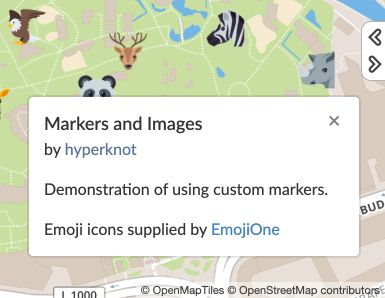 A MapHub map showcasing the new Info widget, which displays the map's title and description in a pop-up box over a map with custom animal emoji markers. important map information like a title and description directly on the map.