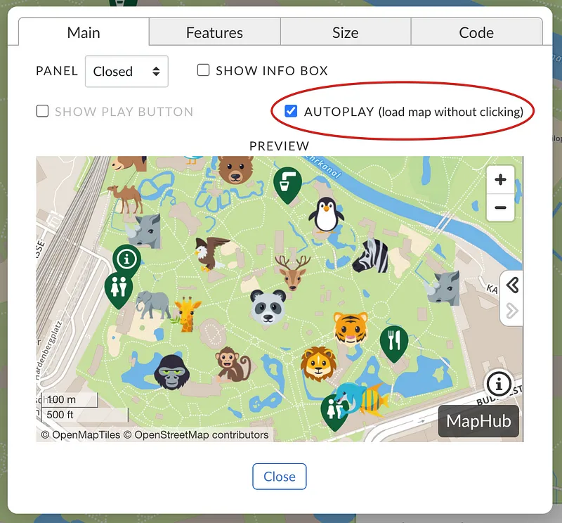 Screenshot of the MapHub embed wizard&#x27;s main tab, showing the new &#x27;AUTOPLAY (load map without clicking)&#x27; checkbox checked and highlighted, with a map preview below.