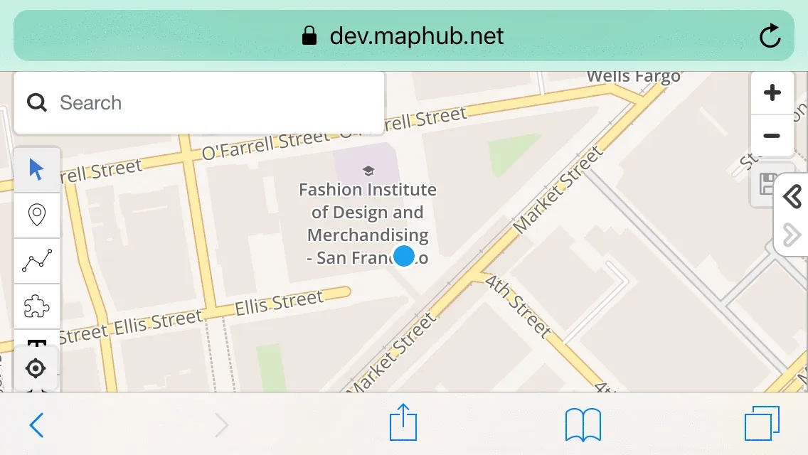 Animated GIF showing the MapHub interface on an iPhone SE in landscape mode, transitioning from the old UI with partially obscured elements to the new, improved UI where all buttons are visible and dynamically reorganized.