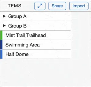 An animated GIF showing the MapHub interface with an &#x27;ITEMS&#x27; sidebar, demonstrating the new drag-and-drop functionality for reordering map items and organizing them into folders or groups.