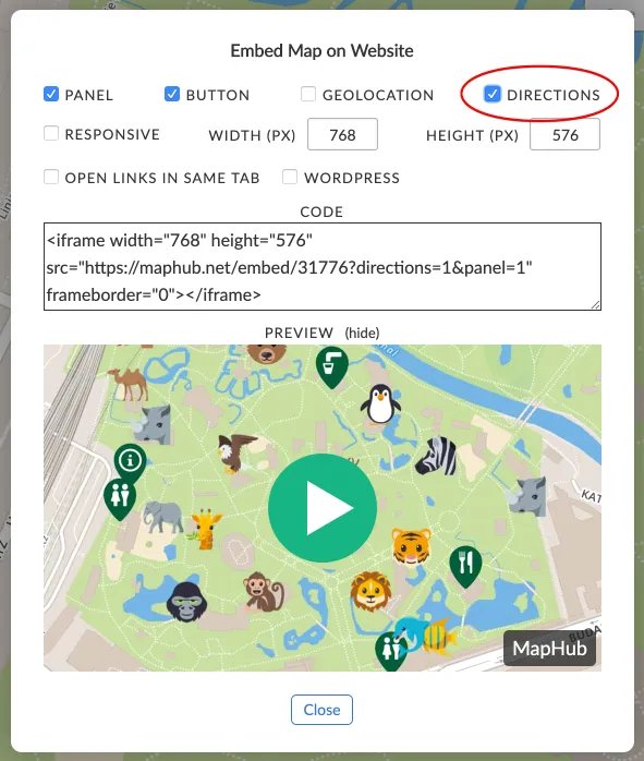Screenshot of the MapHub &#x27;Embed Map on Website&#x27; wizard with the &#x27;DIRECTIONS&#x27; checkbox checked, demonstrating the new option to include a directions button in embedded maps.