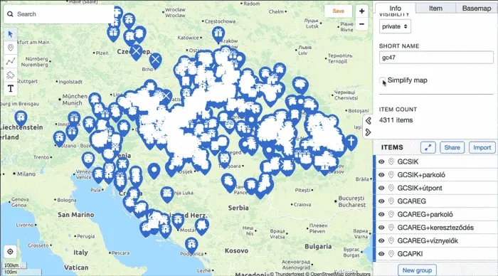 A GIF demonstrating the &#x27;Simplify map&#x27; feature on an interactive map of Europe with thousands of markers. It shows how markers condense into simpler dots when zoomed out and reveal full detail when zoomed in, improving readability for dense maps.
