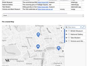 A composite image demonstrating the MapHub API, showing a source data table of London museums and the resulting interactive MapHub map of London with those locations pinned. like the one shown for London museums, into a fully interactive map.