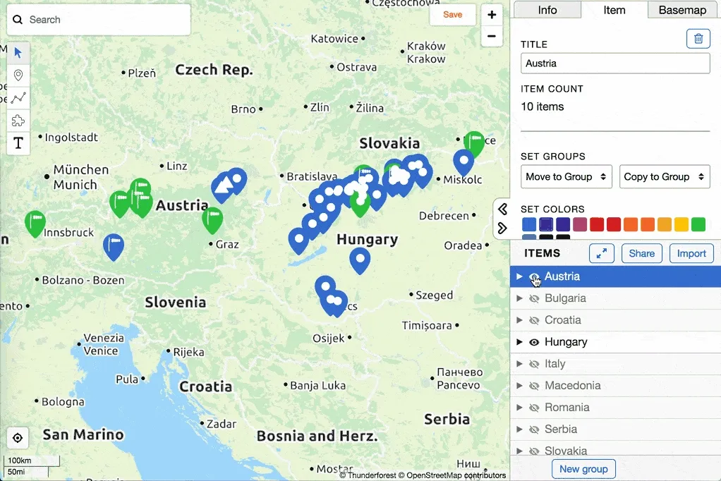 A GIF showing how to hide and show map items by toggling group visibility. The user clicks the eye icon next to the &#x27;Austria&#x27; group, hiding its markers on the map, then clicks it again to show them, repeating for the &#x27;Hungary&#x27; group.