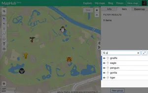A MapHub interactive map of a zoo, demonstrating the real-time filter tool in an embedded panel. The map shows various animal icons, and the sidebar panel has 'g' typed into a search bar above a list of items including 'giraffe' and 'gorilla'. directly within your interactive MapHub map.