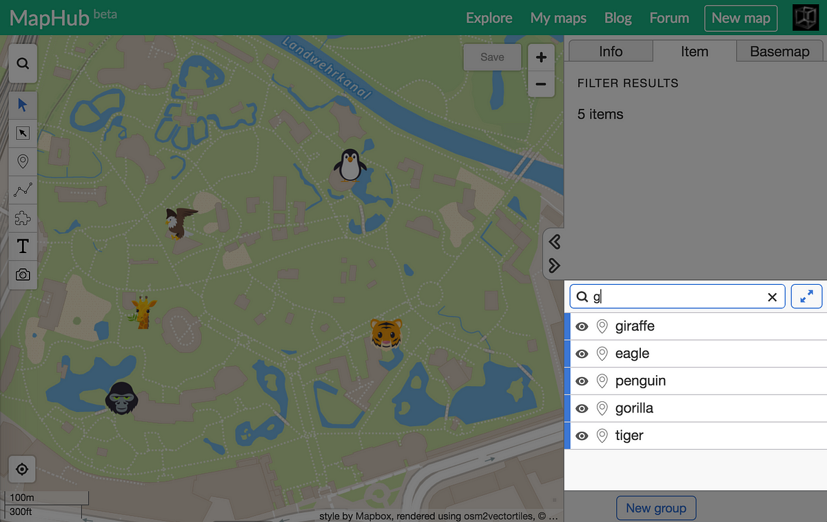 A MapHub interactive map of a zoo, demonstrating the real-time filter tool in an embedded panel. The map shows various animal icons, and the sidebar panel has 'g' typed into a search bar above a list of items including 'giraffe' and 'gorilla'. directly within your interactive MapHub map.