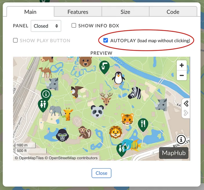Screenshot of the MapHub embed wizard’s main tab, showing the new ‘AUTOPLAY (load map without clicking)’ checkbox checked and highlighted, with a map preview below.