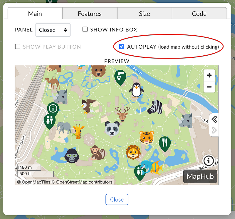 Screenshot of the MapHub embed wizard's main tab, showing the new 'AUTOPLAY (load map without clicking)' checkbox checked and highlighted, with a map preview below.