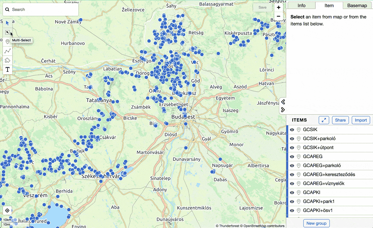 A GIF demonstrating the Multi-Select tool by showing a user drawing a selection rectangle on a map, causing multiple blue item pins within the rectangle to be selected.