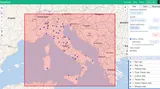 A screenshot of the MapHub interface showing a map centered on Italy with multiple location pins. A red bounding box highlights the region, demonstrating how to set a custom 'Start view' using the zoom controls in the editor sidebar. visitors see the most important area of the map first.