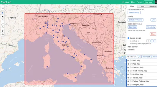 A screenshot of the MapHub interface showing a map centered on Italy with multiple location pins. A red bounding box highlights the region, demonstrating how to set a custom 'Start view' using the zoom controls in the editor sidebar. visitors see the most important area of the map first.