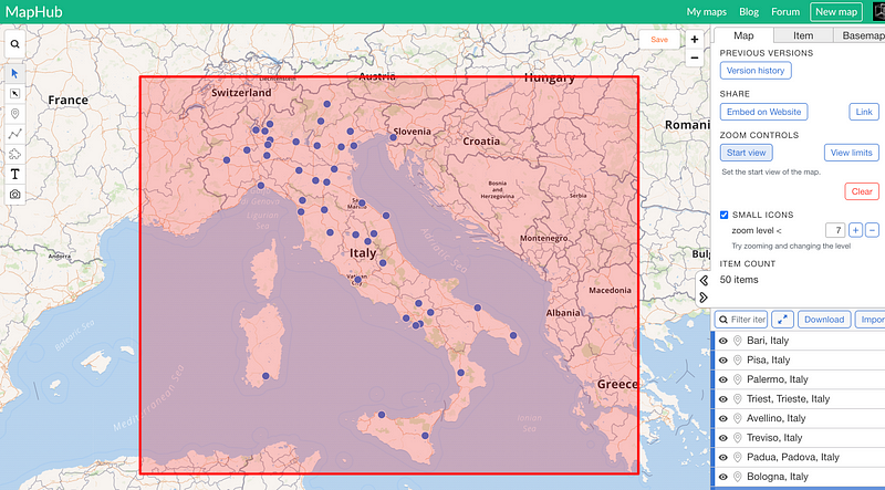 A screenshot of the MapHub interface showing a map centered on Italy with multiple location pins. A red bounding box highlights the region, demonstrating how to set a custom 'Start view' using the zoom controls in the editor sidebar. visitors see the most important area of the map first.