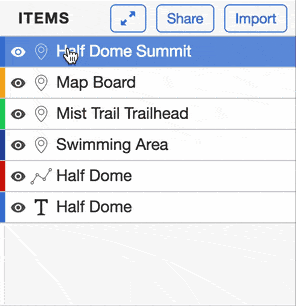 A GIF showing a user dragging and dropping an item ('Half Dome Summit') from the top of an item list to a lower position, effectively reordering the list.
