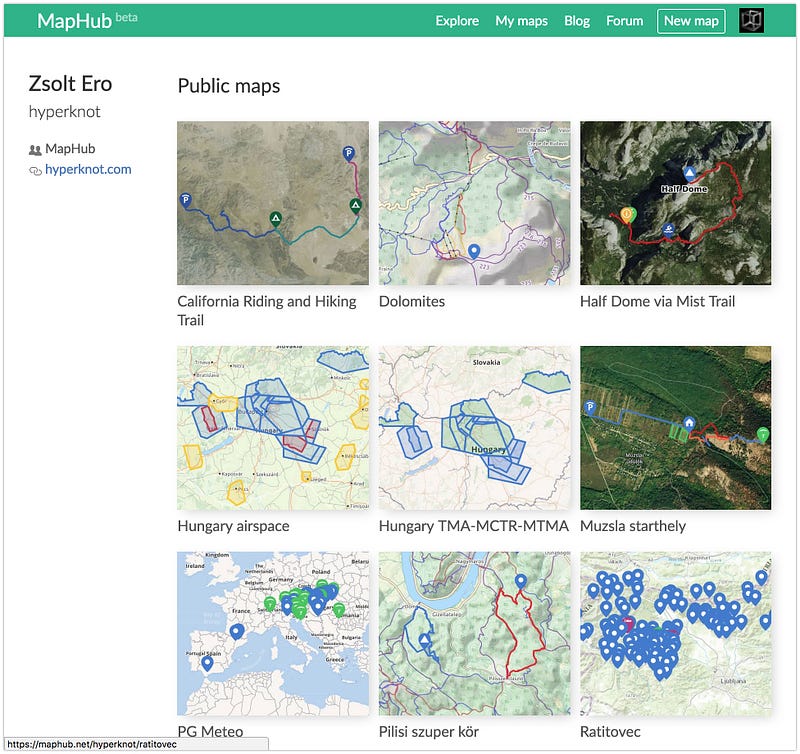 A public profile page on MapHub, displaying user details on the left sidebar and a grid of maps created and publicly shared by the user.