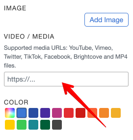 Screenshot of the MapHub editor's right-side panel, highlighting the 'Video / Media' input field with a red arrow, where users can paste a media URL to embed content for an item.