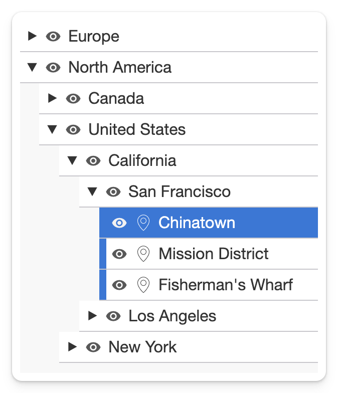 A complex nested group hierarchy in MapHub representing geographical locations from continents to city neighborhoods. This demonstrates the new group-in-group feature resembling a file system structure.