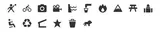 A visual display of 15 new dark grey map icons for MapHub, arranged in two rows. The icons represent diverse points of interest, including a cyclist, a mountain, a camera, a picnic table, and a recycling symbol. Maki, Font Awesome, and Google Material icon sets.