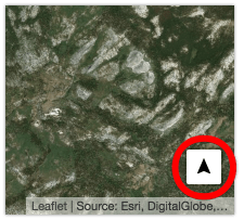 A partial screenshot of a MapHub map highlighting a new navigation button, which appears as a white square with a black upward-pointing arrow.